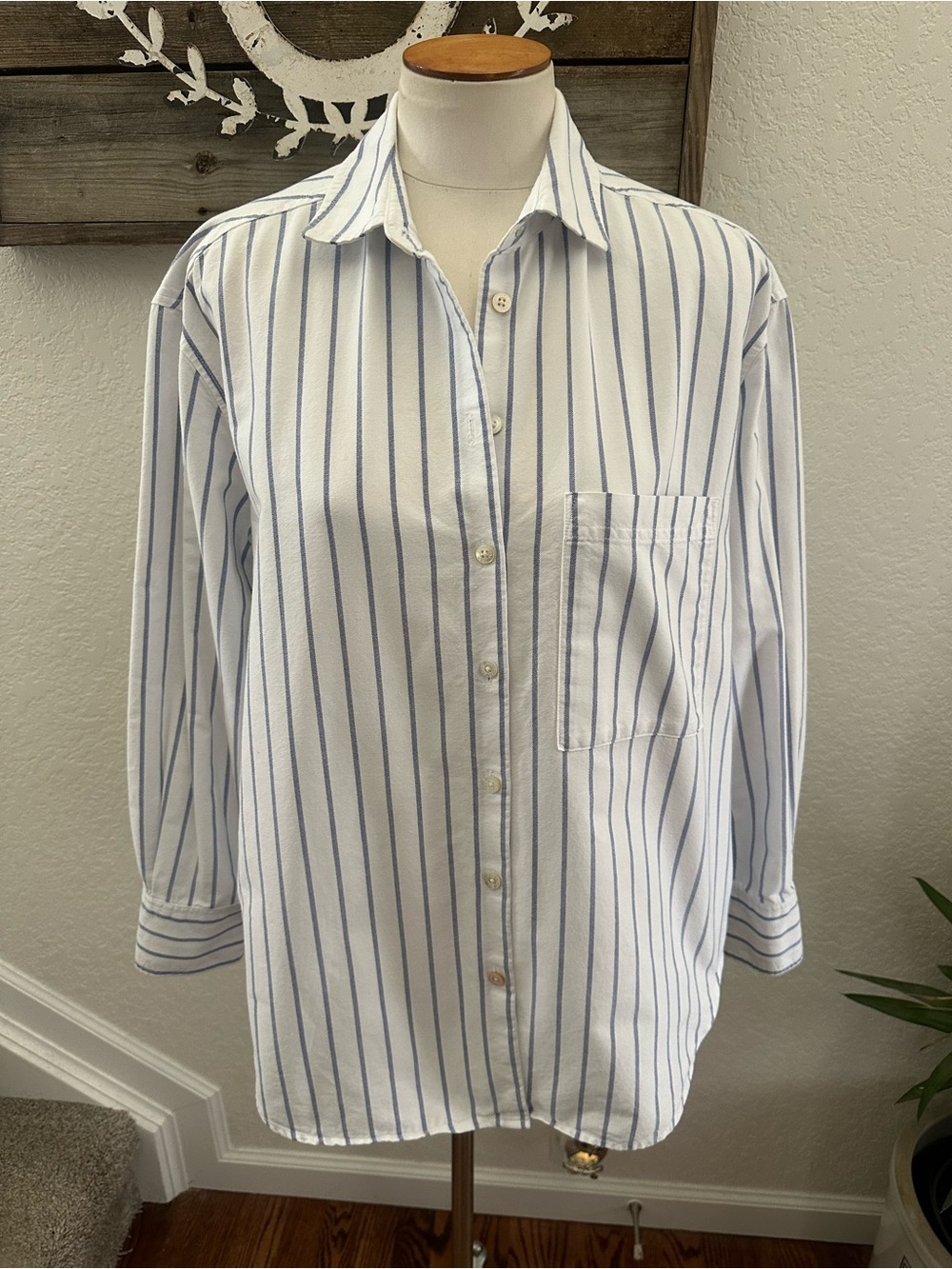 AYR striped cotton button down shirt top blue white ladies size M